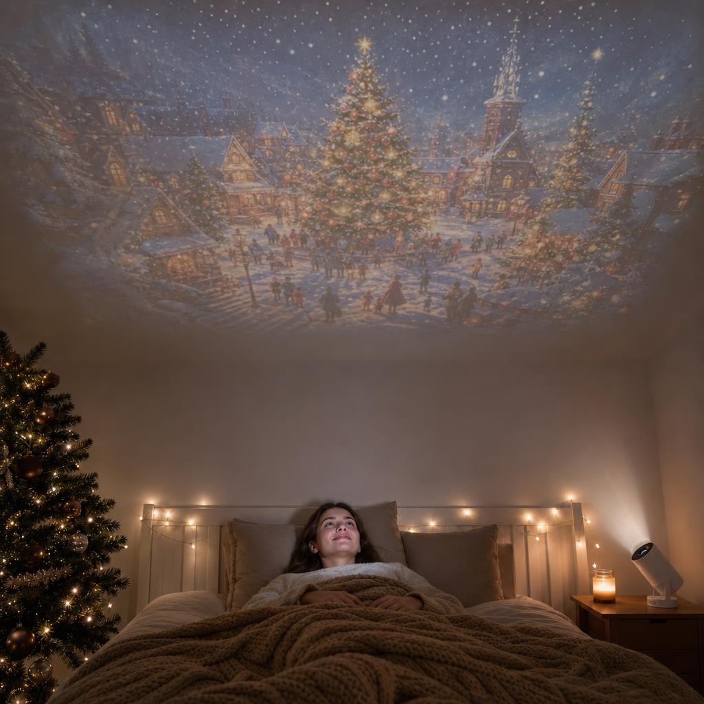 After: MovieBeam projecting a Christmas movie on the bedroom ceiling