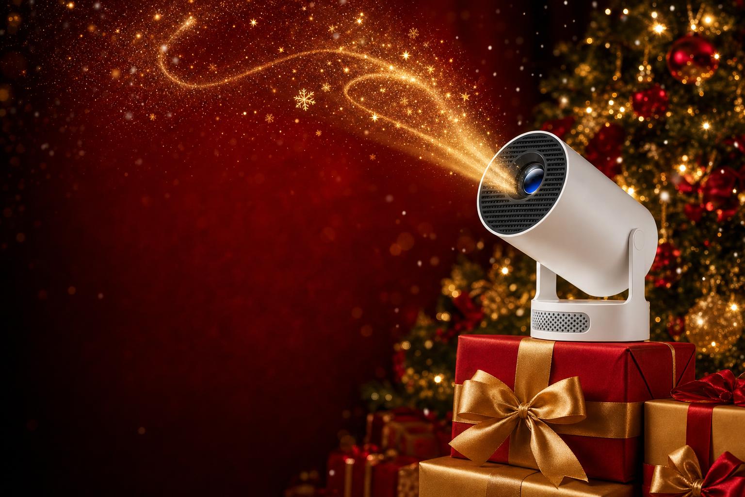 MovieBeam projector on Christmas gifts with a magical golden light beam